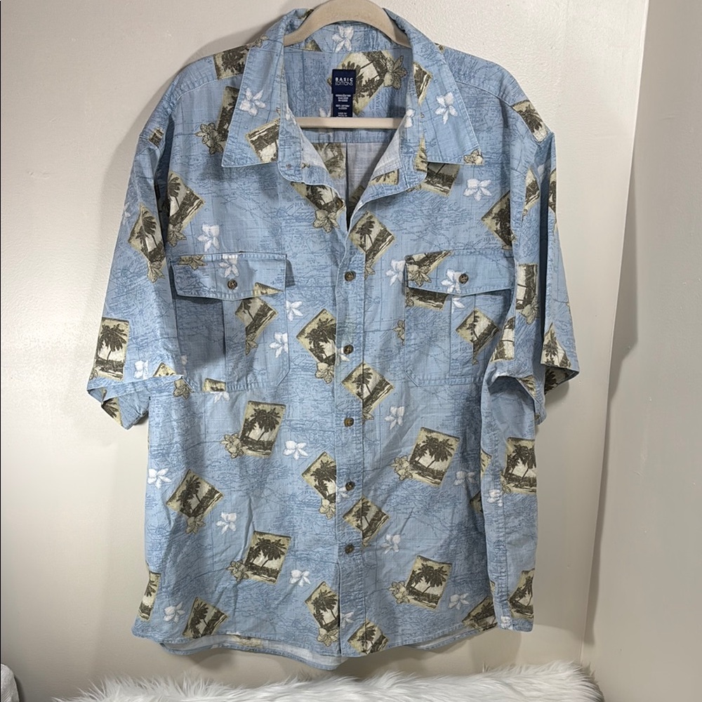 Men’s Basic Editions Blue Floral Casual Button Down Shirt
